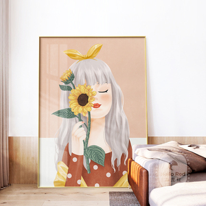现代轻奢人物装饰画捧花女孩温馨少女心治愈系卧室画入户玄关挂画