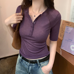 紫色V领短袖t恤女装夏季2024新款欧货修身针织高级感黑色短款上衣