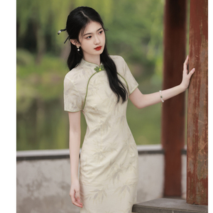 天丝麻绿竹旗袍少女夏季新款2024改良版高端小清新气质裙年轻长款