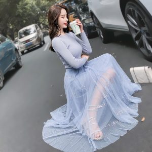 雾霾蓝半身纱裙女春秋大摆a字抖音仙女裙chic亮片星空网纱半
