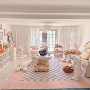 棋盘格地毯可爱卧室床边毯甜美少女房间垫沉浸式客厅温馨粉色地毯