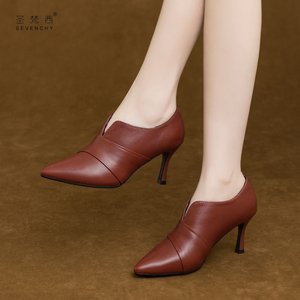 2022年新款尖头v口软皮高跟鞋棕色细跟深口单鞋气质真皮鞋女春秋