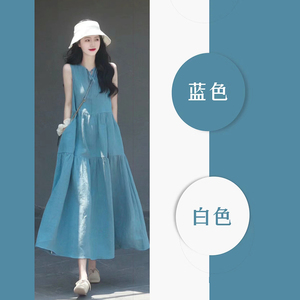 2024新款夏季今年流行春装搭配一整套女装减龄气质蓝色无袖连衣裙