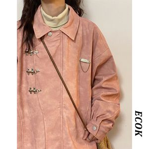 ECOK2024秋冬金属感装饰夹克高级感粉色宽松绒面风衣外套女棒球服