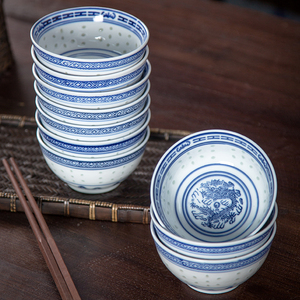 青花瓷碗家用饭碗中式复古传统商用陶瓷碗景德镇兰花碗老式蓝花碗