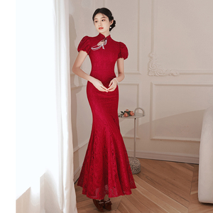 旗袍敬酒服新娘2024新款夏季婚纱蕾丝高级感中式红色结婚礼服鱼尾