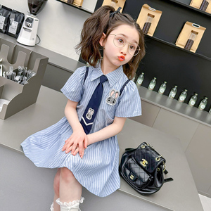 女童夏季学院风连衣裙2024新款儿童Polo领短袖衬衫裙宝宝夏装裙子