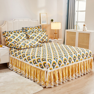 ins公主风碎花蕾丝床裙式单件开叉夹棉加厚床套防滑双人床盖床罩