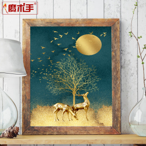 diy数字油画客厅装饰挂画壁画填色手工绘风景金色月亮树木麋鹿
