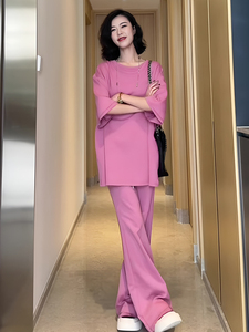 粉色休闲运动套装女韩系慵懒风纯色短袖T恤微喇裤夏装搭配一整套