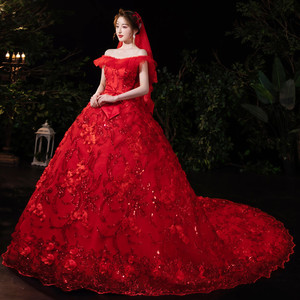 红色婚纱礼服一字肩2021新款新娘结婚拖尾大码孕妇小个子齐地无袖