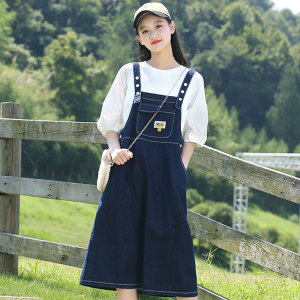 初中生牛仔背带裙女套装少女夏装13岁15女孩16学生连衣裙长款过膝