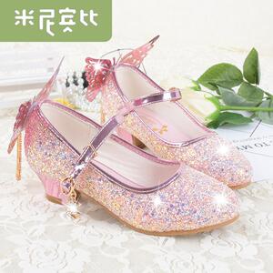韩版4-12女童公主鞋亮晶晶高跟鞋搭配小孩儿童灰姑娘礼服裙粉蓝白