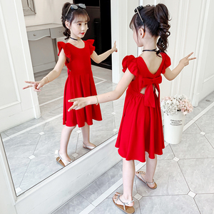 女童红色连衣裙夏装2024新款时髦洋气公主裙儿童露背背心裙子夏季