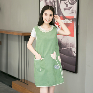韩版时尚成人围裙奶茶店餐厅工作服厨房家居条绒花仙双层子女罩衣