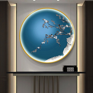 新款新中式花鸟发光led氛围灯画圆形装饰画玄关书房餐厅客厅挂画