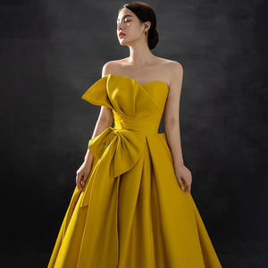 黄色抹胸晚礼服女轻奢小众高端连衣裙声乐艺考独唱演出主持人夏季