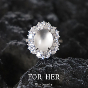 芙禾珠宝 天然水沫玉戒指女轻奢高级感白冰蛋面戒指S925纯银镀金