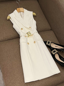 欧美风白色夏款无袖马甲西装外套连衣裙收腰显瘦中长裙热卖B6236