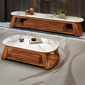 乌金木大理石长形实木茶几北欧简约新中式客厅整装原木色茶桌组合