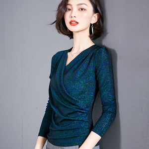 亮金丝打底衫洋气高贵闪光丝2020春装新款长袖t恤v领亮丝上衣女