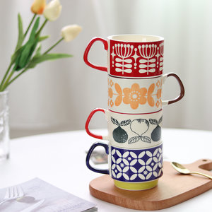 日单 izawa 复古北欧小清新花纹陶瓷杯咖啡拉花杯 可叠放四色杯