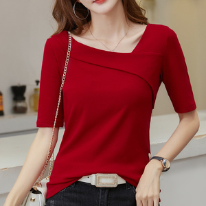 中袖T恤女夏修身纯色不规则设计感酒红色时尚短袖上衣斜领半袖t衫