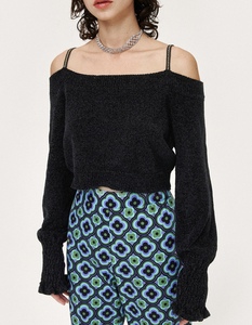 cider代购 黑色一字肩闪片吊带长袖短款毛衣 ins小众秋冬