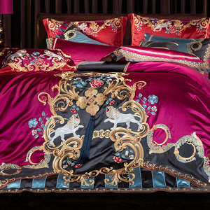 高档大气别墅刺绣床上用品四件套玫红高级感锦缎婚庆贡缎奢华被套