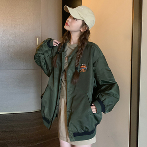 军绿色棒球服外套女2024秋季新款韩系宽松休闲显瘦飞行员夹克上衣