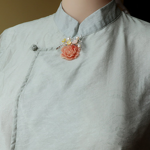 甄源色原创珊瑚牡丹贝壳花淡水珍珠复古中国风旗袍领扣古典胸针