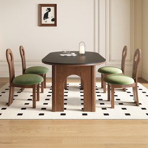 法式中古风岩板餐桌椅组合美式侘寂复古网红家用小户型餐厅家具