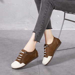 21年春款休闲女鞋圆头深口单鞋头层牛皮拼色系带平底鞋景本色风格