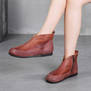 复古女鞋真皮短靴及踝靴平底软底鞋牛皮单靴斯琴景本色20秋季新款
