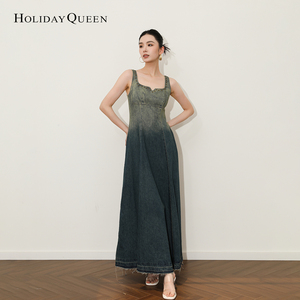HolidayQueen新款法式渐变牛仔吊带裙长款修身显瘦牛仔长裙背带裙