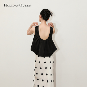 HolidayQueen法式设计感性感露背衬衫女无袖短款黑色上衣