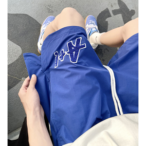 刺绣蓝色短裤男美式篮球运动夏oversize五4分裤子训练外穿大裤衩