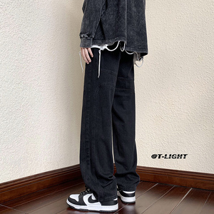 hiphop黑色牛仔裤男款皮带款直筒oversize高街vibe美式冬潮牌裤子