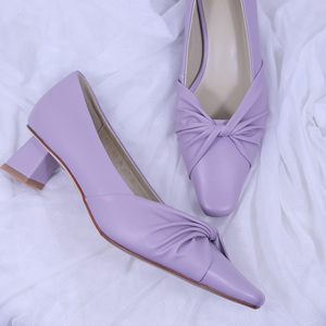 新款真皮韩系褶皱高跟鞋女小方头中低跟浅口春夏四季单鞋香芋紫色