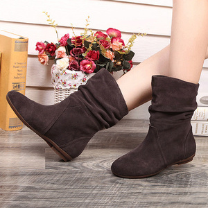 休闲磨砂皮平底短靴女百搭瘦瘦套筒中筒靴春秋季舒适绒面褶皱棉鞋