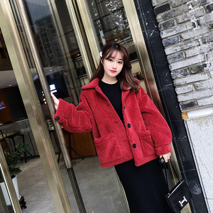 羊羔毛外套女冬chic短款2018新款韩版宽松羊羔绒毛毛加绒加厚红色