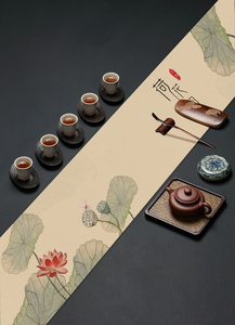 中国风莲花茶台桌旗新中式荷花韵茶席棉麻布艺茶旗禅意防水定制