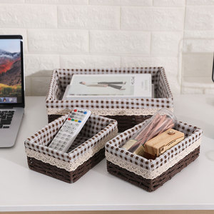 田园风编制收纳筐桌面工艺收纳盒茶几玄关整理蓝箱杂物零食纸编筐