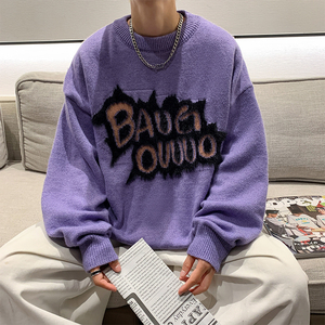 紫色毛衣男高级感圆领撞色线衣美式复古潮流提花字母情侣款针织衫