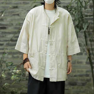 新中式亚麻短袖衬衫男装中山装男女同款麻棉中国风盘扣中袖衬衣服