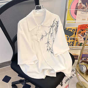 新中式白色短袖衬衫男款夏季国风刺绣汉服唐装宽松高级感半袖衬衣