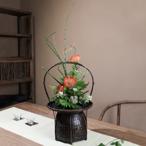 中华花艺复古竹编六角花篮仿古中式插花器篮子花器禅意竹篮