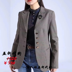 正品哥弟新款专柜女装2021秋季单排扣时尚格子西装外套女1400186