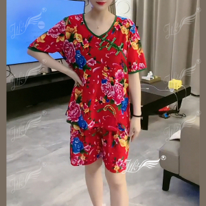 东北大花宽松家居服外穿女夏新款短裤两件套速干网眼碎花睡衣套装