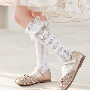 女童春秋夏季纯白薄棉款日系蕾丝公主花边长高中筒袜堆堆小腿袜子